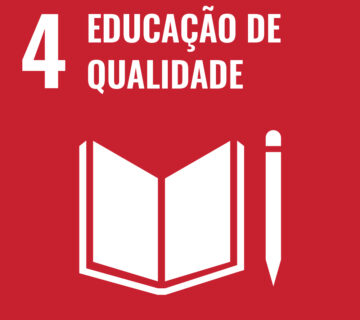 fundo vermelho com desenho de caderno e lápis branco com letreiro escrito educação de qualidade ao lado do número 4