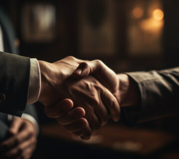 Businessmen in suits seal agreement with handshake generated by artificial intelligence